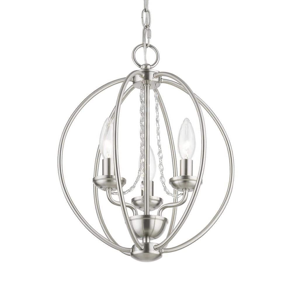 Delridge 12 in.  3-Light Brushed Nickel Globe Convertible Chandelier/Semi Flush with Clear Crystals