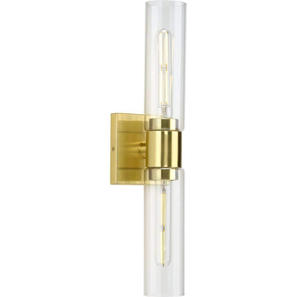 Progress Lighting Clarion 2-Light Brushed Nickel Glass Modern Bath Vanity Light, Satin Brass, Cylindrical Shade