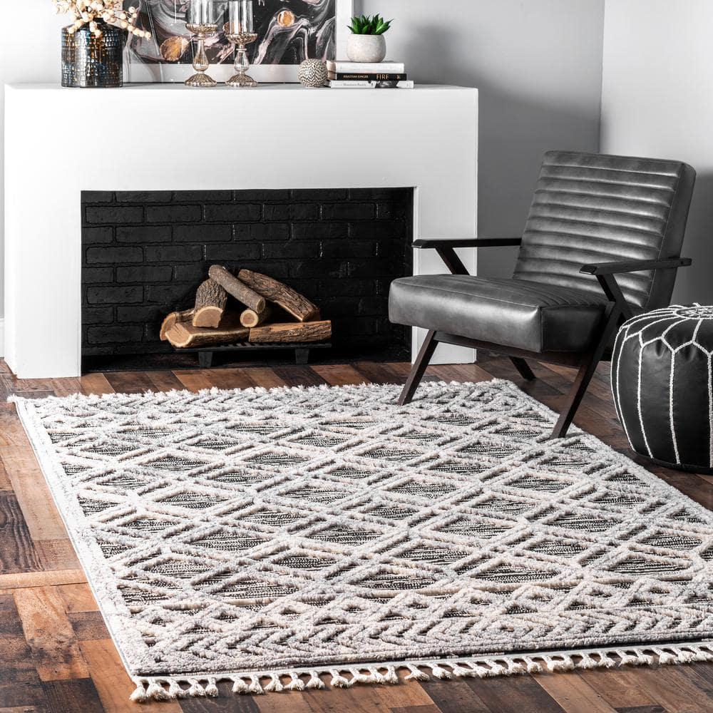 Nuloom 3x5 Ansley Moroccan Tassel Indoor Area Rug, Grey, High-Low Textured Bohemian Design, Plush High Pile, Stain Resistant, Bedroom, Living Room