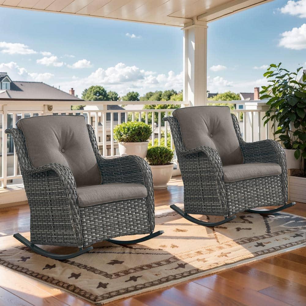 PARKWELL Outdoor Wicker Rocking Chair - Rattan Patio Rocker Chairs with Cushions and Steel Frame - Set of 2 - Gray