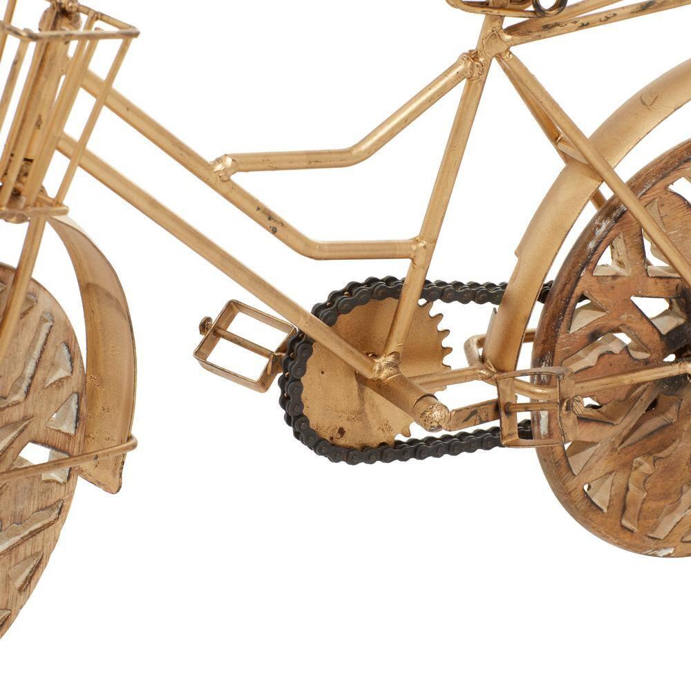 19" x 12" Gold Metal Bike Sculpture with Carved Wood Wheels, by DecMode