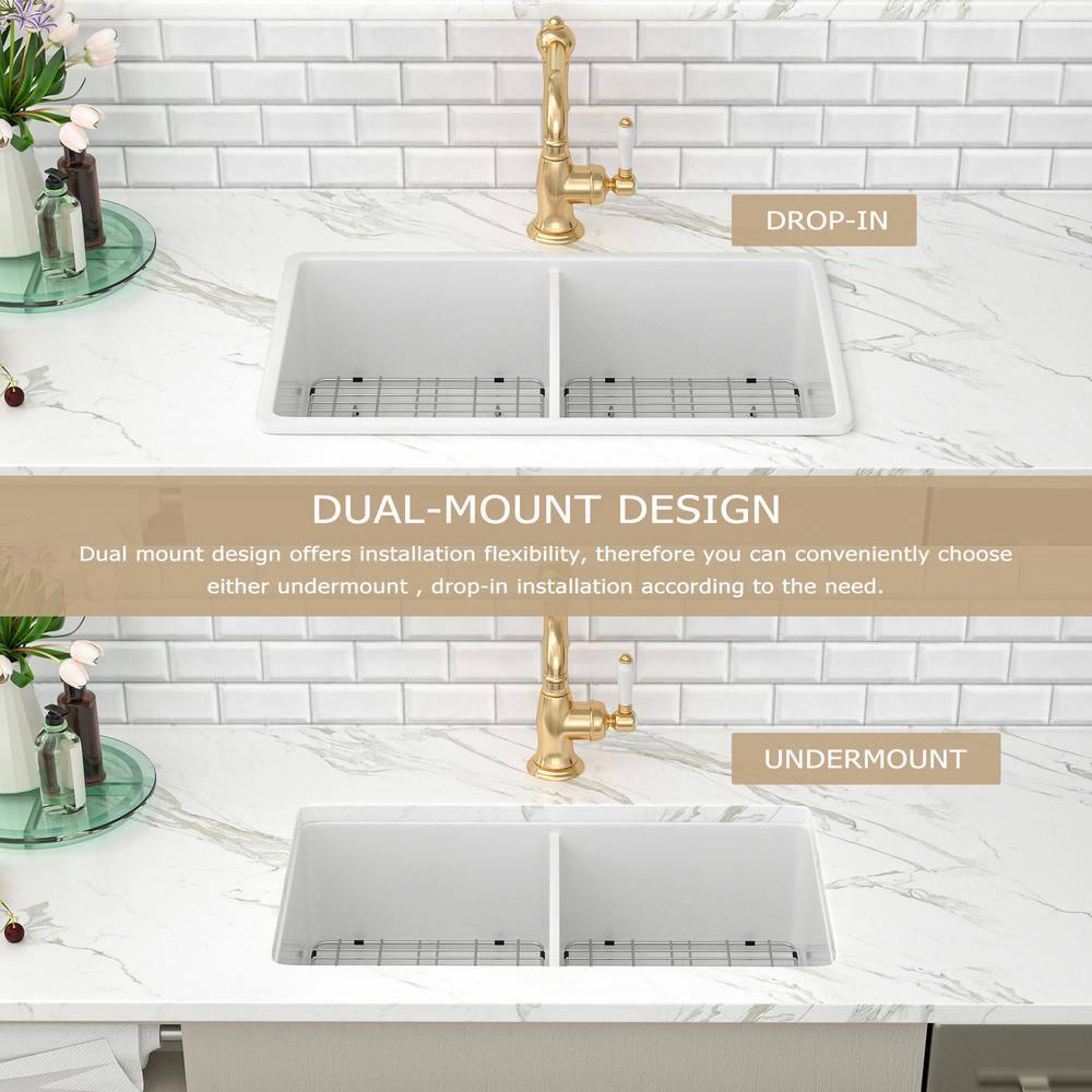 Sarlai 32'' L x 19" W White Ceramic 50/50 Double Basin Drop-In/Undermount Kitchen Sink with Sink Grids S-CSU3219-55