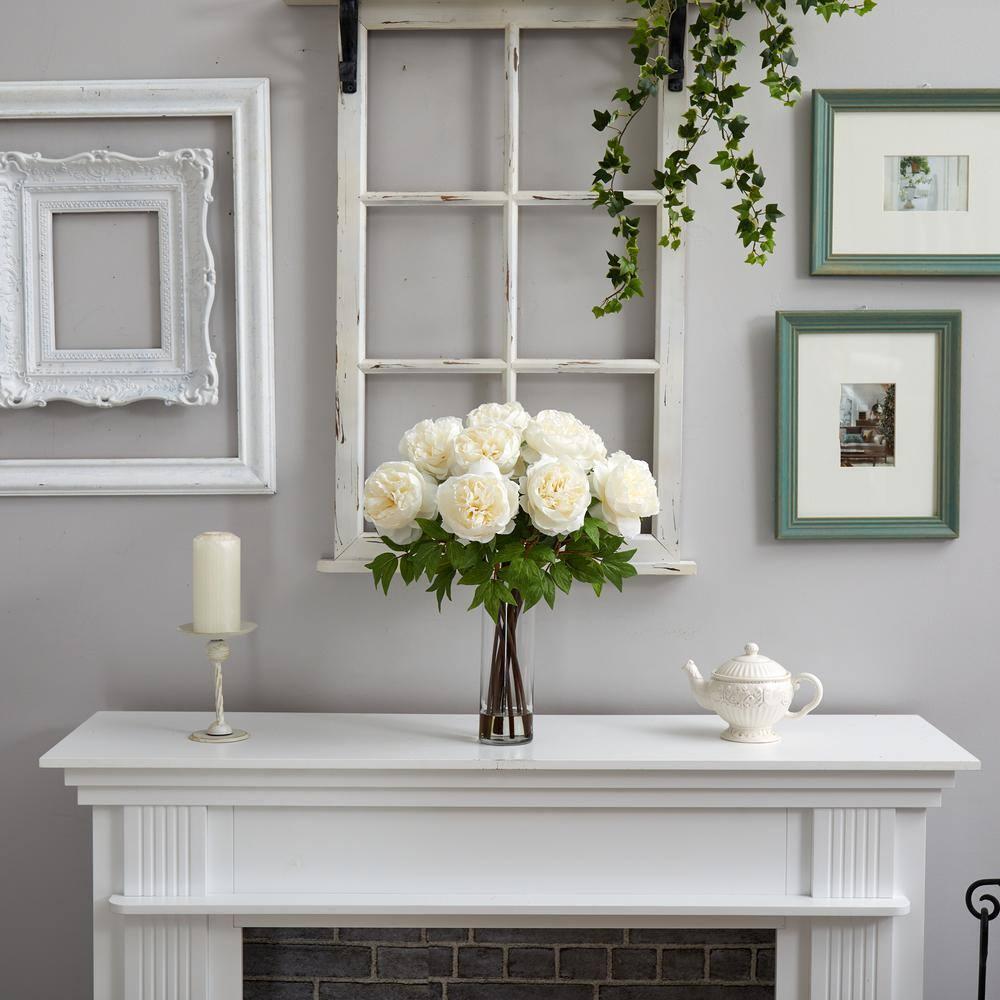 Nearly Natural Peony Artificial Flower Arrangement with Fluted Vase, White