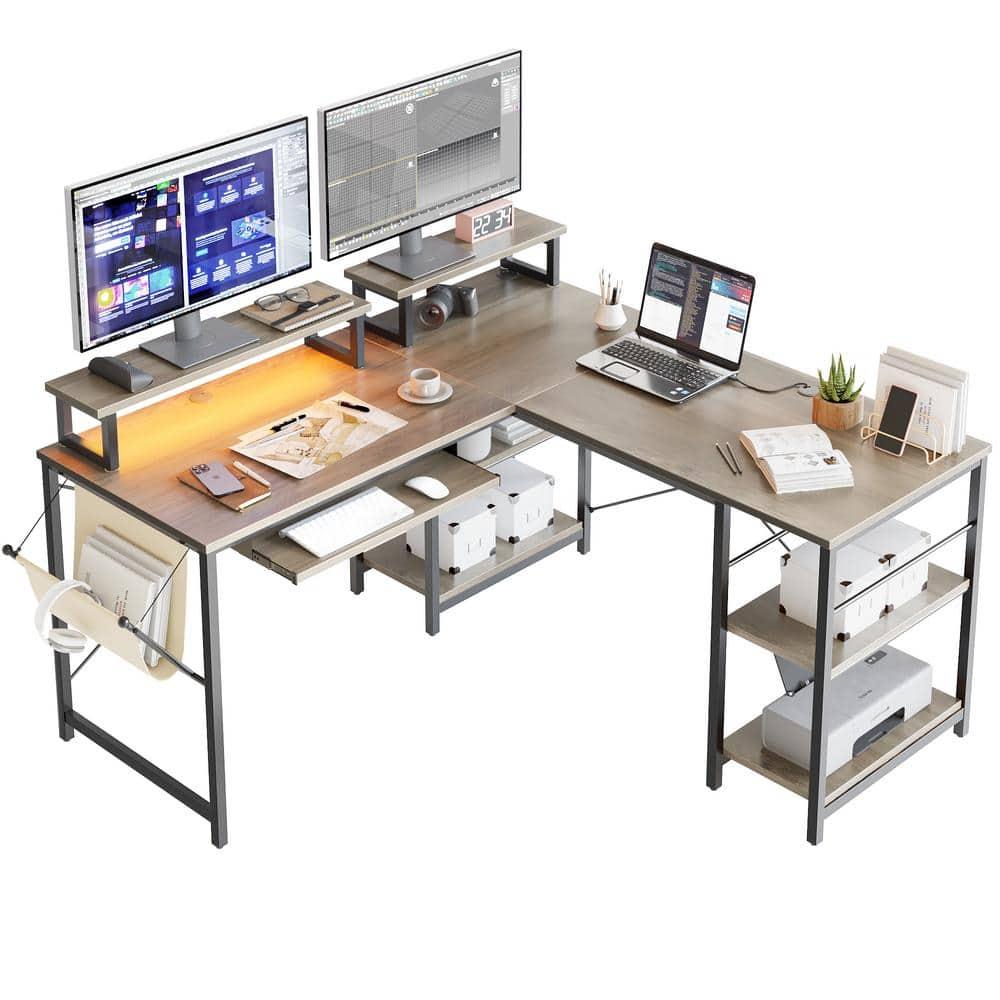 Bestier 59inch L Shaped Computer Desk with Keyboard Tray Grey