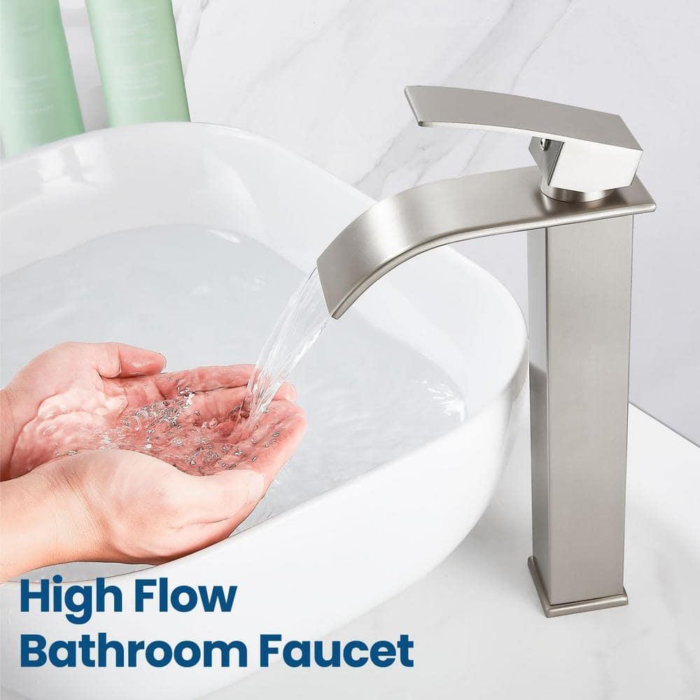 Single Handle Waterfall Vessel Sink Faucet Drain Kit Included and Single Hole in Brushed Nickel