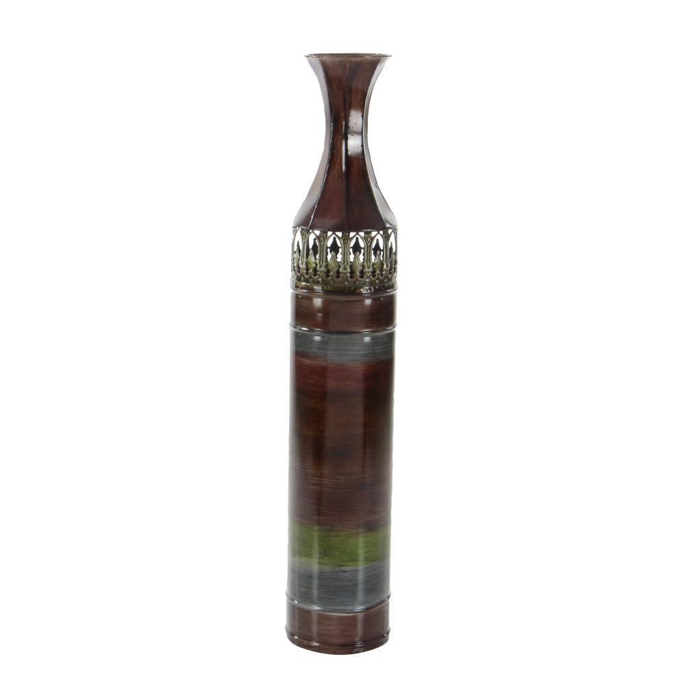 DecMode 34", 31", 28"H Tall Ombre Bronze Metal Vase with Laser Cut Antefix Design, Set of 3