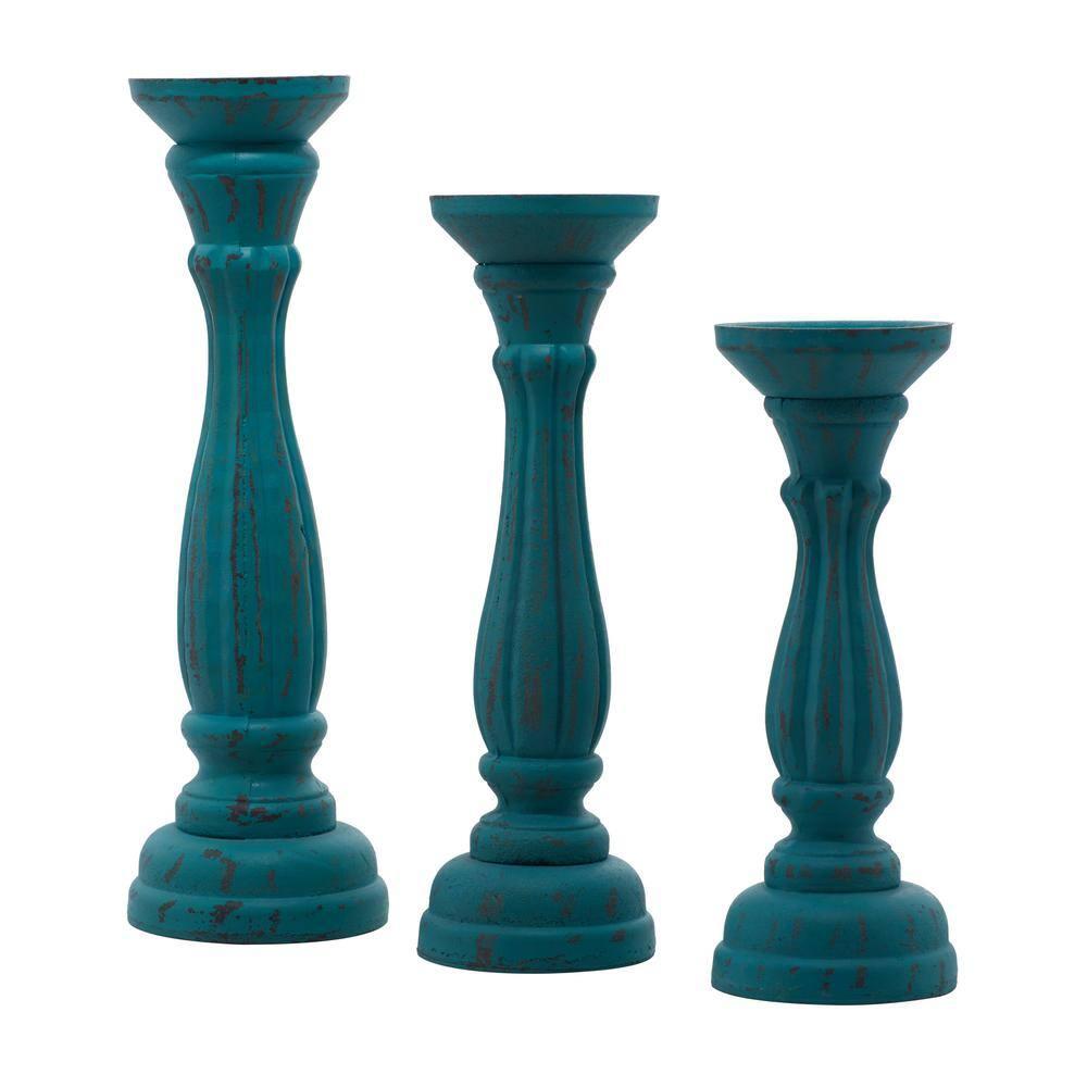 DecMode 3 Candle Blue Wooden Distressed Turned Pillar Candle Holder, Set of 3