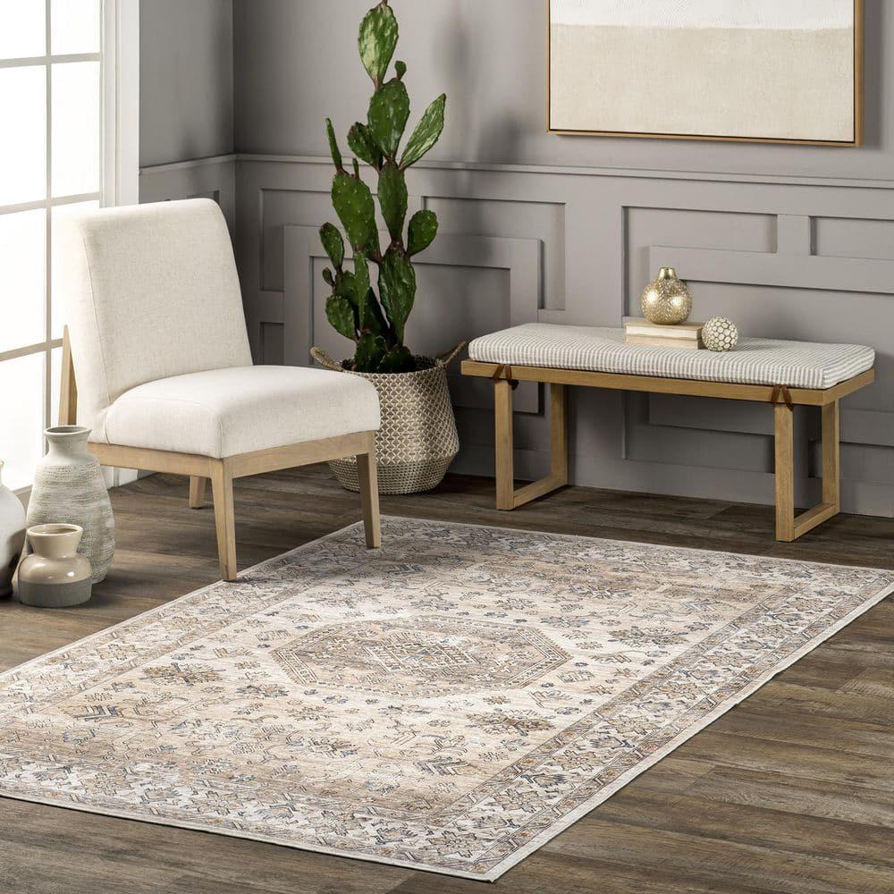 Nuloom Darby Persian Spill Proof Treated Pet Friendly Premium Machine Washable Area Rug, 5' x 8', Beige