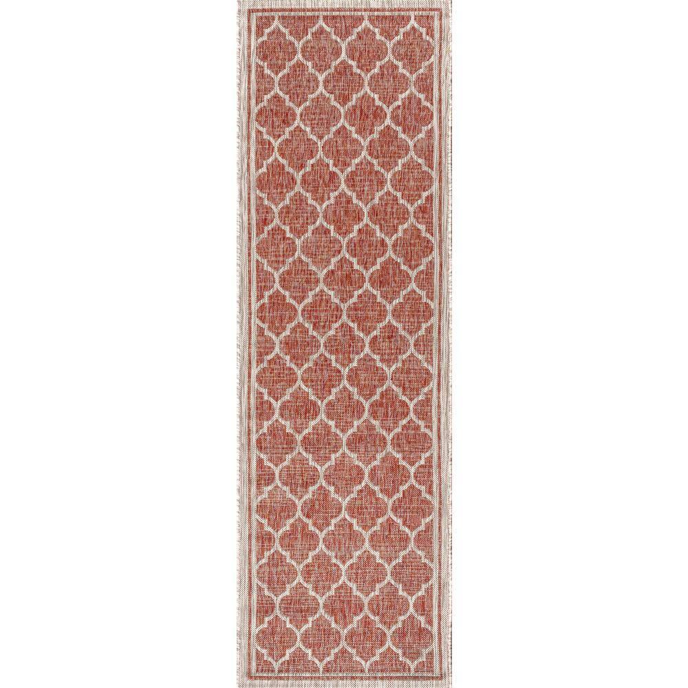 2' X 10' Trebol Moroccan Trellis Textured Weave Indoor/Outdoor Runner Rug, Red/Beige - JONATHAN Y