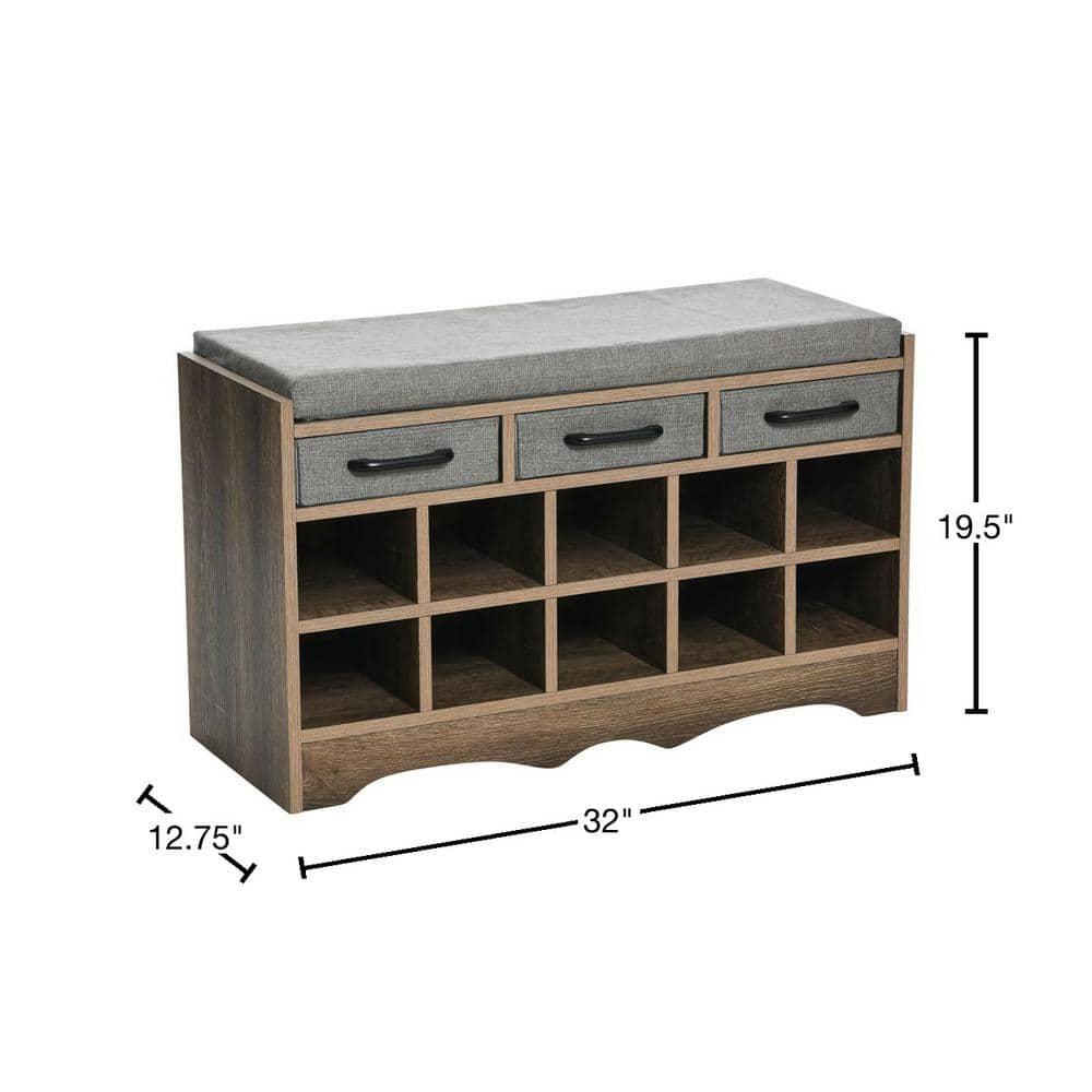 Household Essentials Entryway Storage Bench with 3 Grey Drawers 10 Shoe Compartments and Cushioned Seat in Ashwood Rustic Wood Grain