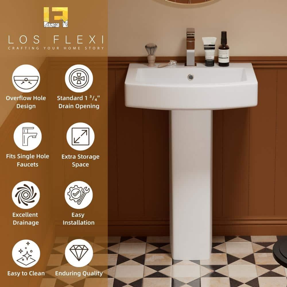 Classic Vintage Bathroom Pedestal Sink, Los Flexi 23"W x 19"D White Ceramic Freestanding Sinks for bathrooms, Overflow, 3 Pre-Drilled Holes for 4-Inch Faucets, Easy Install