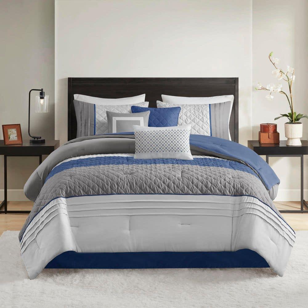 Madison Park Jenson 7 Piece Color Block Stripe Comforter Set with Throw Pillows