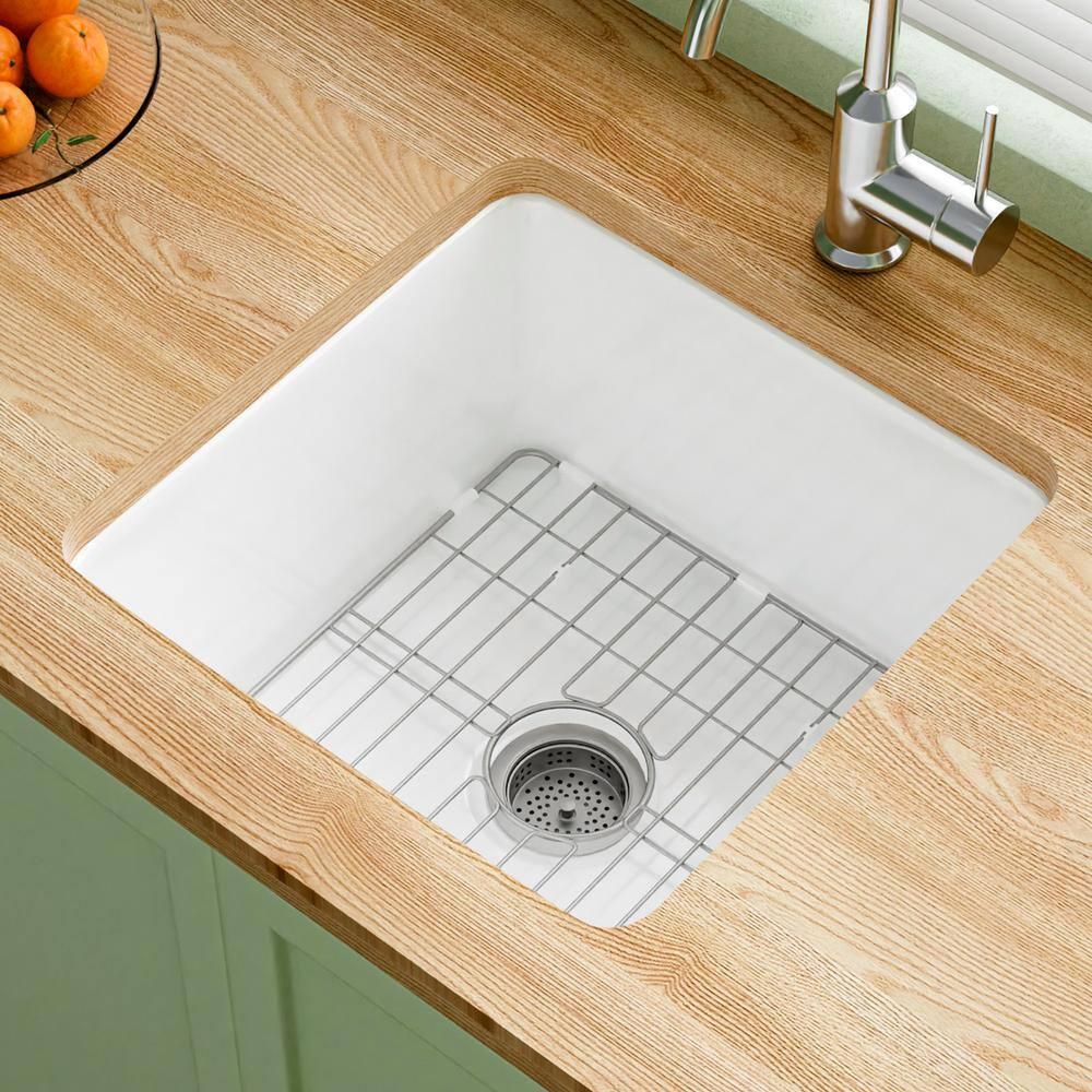 18" L x 18" W Single Bowl Fireclay Kitchen Sinks White with Bottom Grids and Basket Strainer