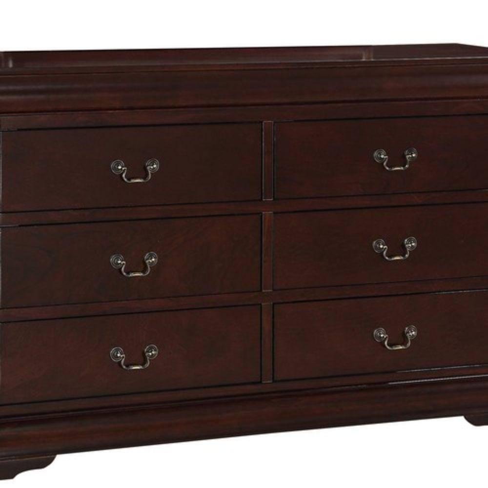 Benzara Transitional Style 6 Drawer Dresser with Metal Pulls, Cherry Brown