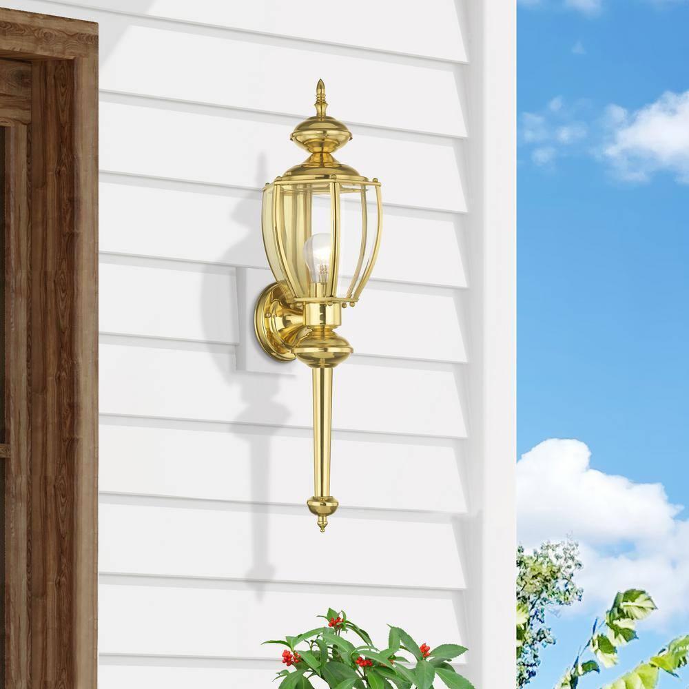 Livex Lighting Outdoor Basics 1 -Light 25.0-in H Polished Brass Hardwired Outdoor Wall Light