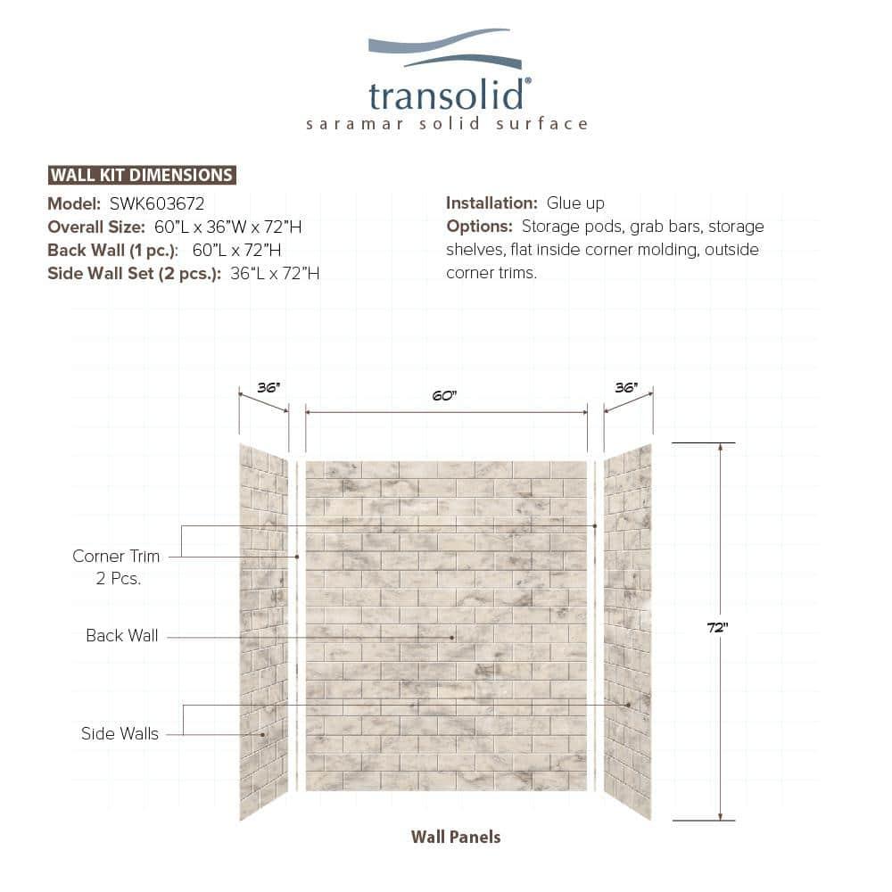 Transolid SaraMar 60'' W 36'' D 72'' H Glue Up Solid Surface Wall