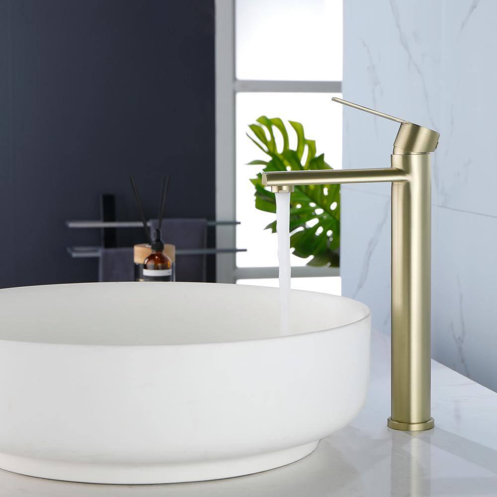 Single Handle Vessel Sink Faucet, Single Hole Tall Bathroom Faucet in Brushed Gold
