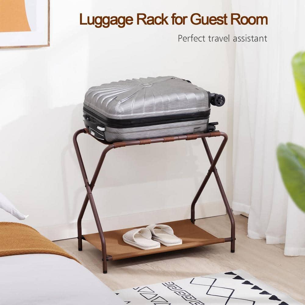 MEBROT Set Of 2, Foldable Suitcase Stands For Guest Room, Metal Luggage Holder With Storage Shelf For Bedroom, Hotel, Easy Assemble