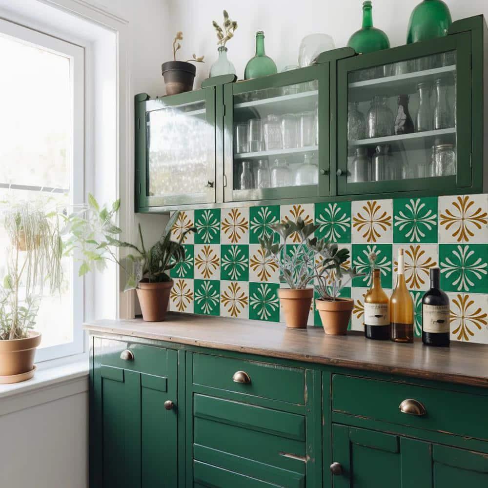 Mi Alma Green Beige Gold Vintage Flower Peel & Stick Tiles - Vinyl Backsplash 8x8