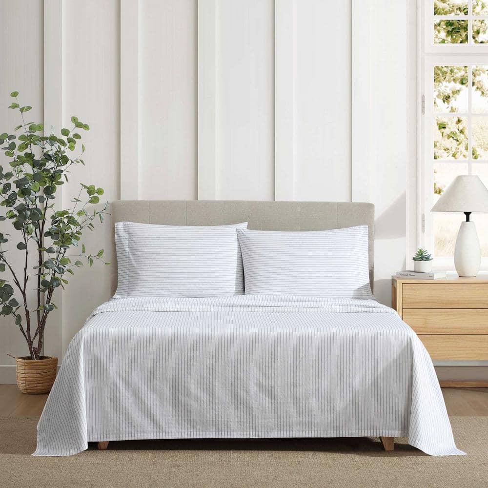 Gray and White Cotton Percale Twin Sheet Set with Stripes