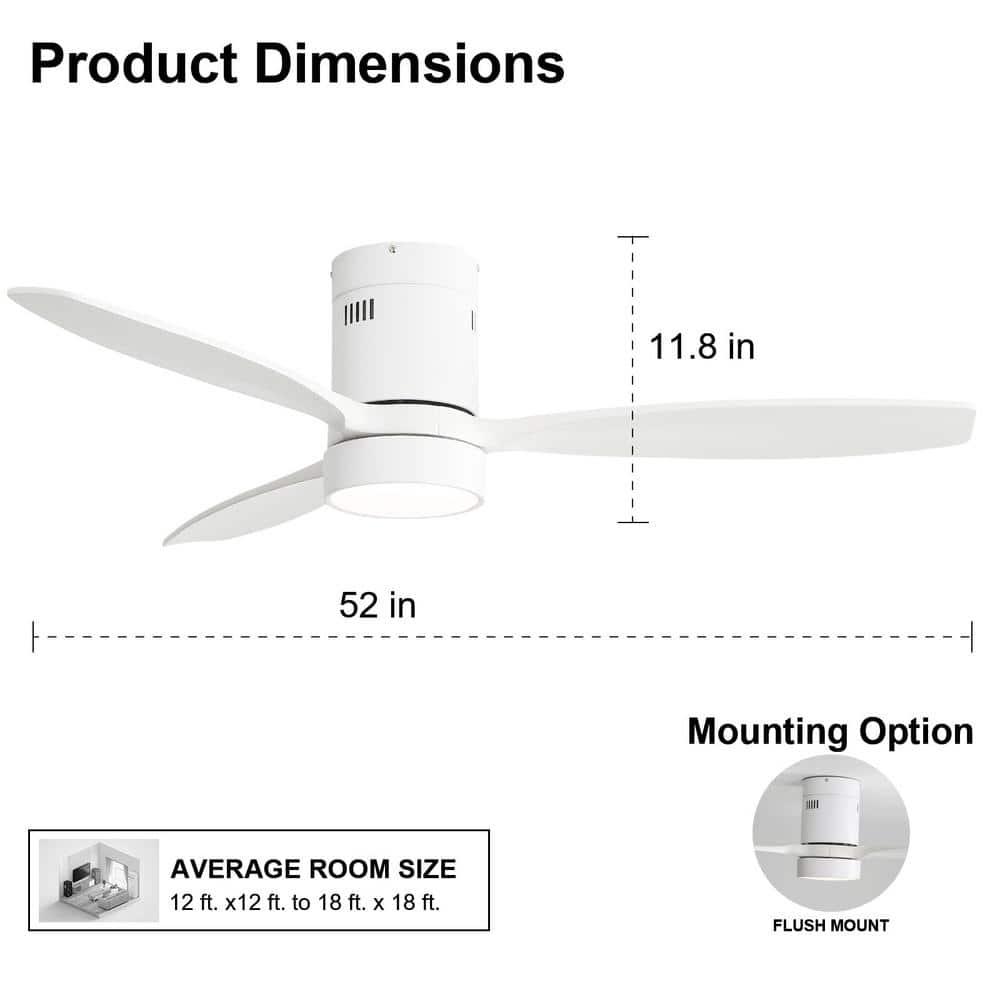 Sofucor 52 inch Wood Low Profile White Ceiling Fans with Lights and Remote, Modern Flush Mount Quiet Ceiling Fan for Bedroom, Reversible DC Moto