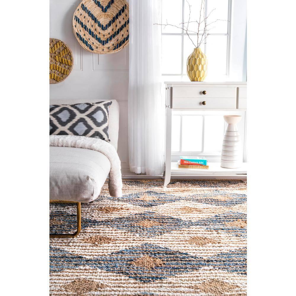 nuLOOM Hand Braided Marla Denim And Jute Diamonds Area Rug, Runner 2' 6" x 10', Off White