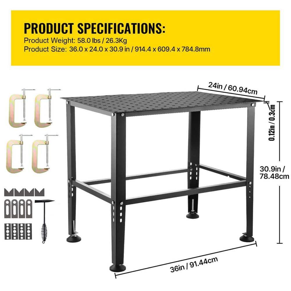 VEVOR Welding Table, 36" x 24" Adjustable Workbench, 0.12" Thick Industrial, 600lb Load Capacity, Heavy Duty Carbon Steel, Gray Steel With Accessories
