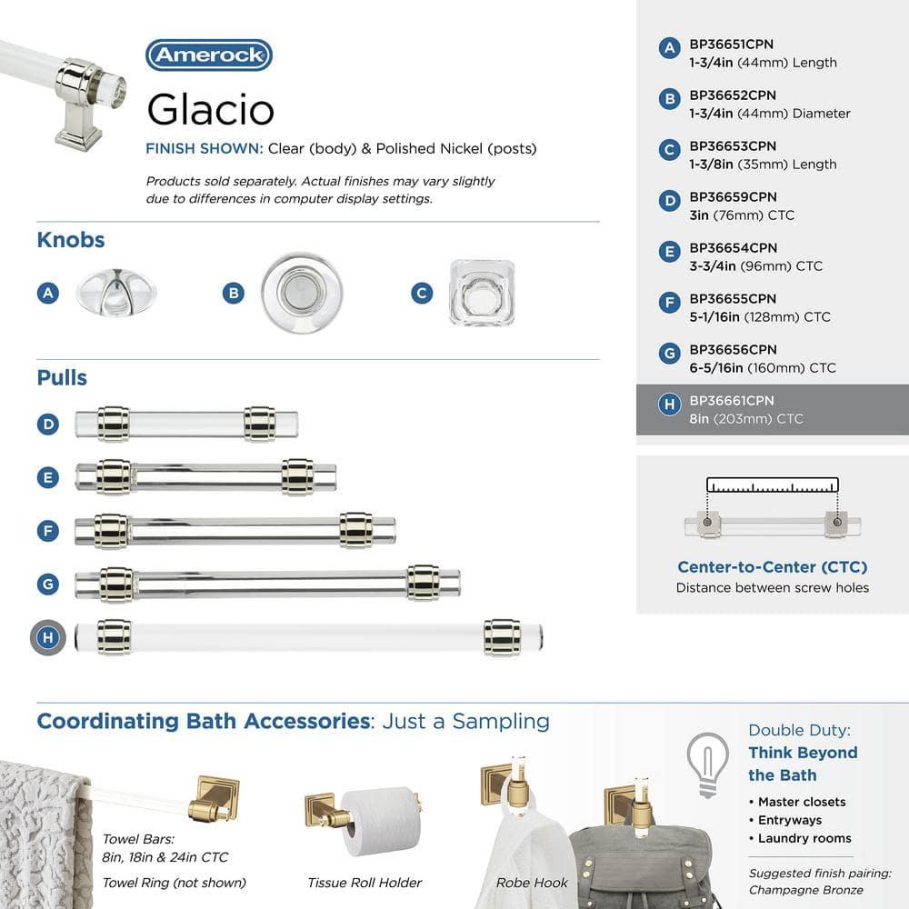 Amerock Glacio 8 inch (203mm) Center-to-Center Clear/Polished Nickel Cabinet Pull