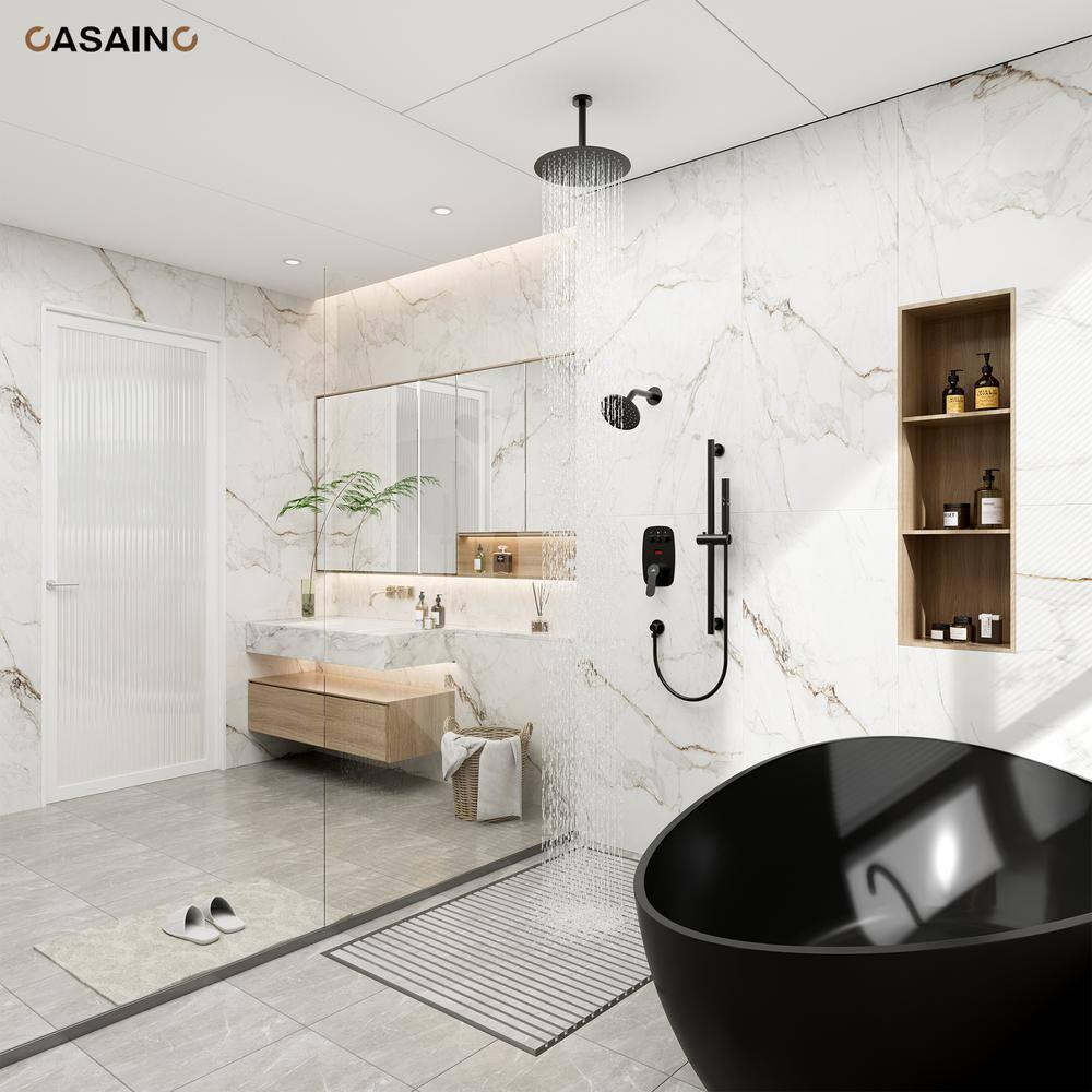 Rainfall Symphony 12inch Dual Showerhead Temperature Display Shower System with 2 in 1 Slider Bar Shower Handheld