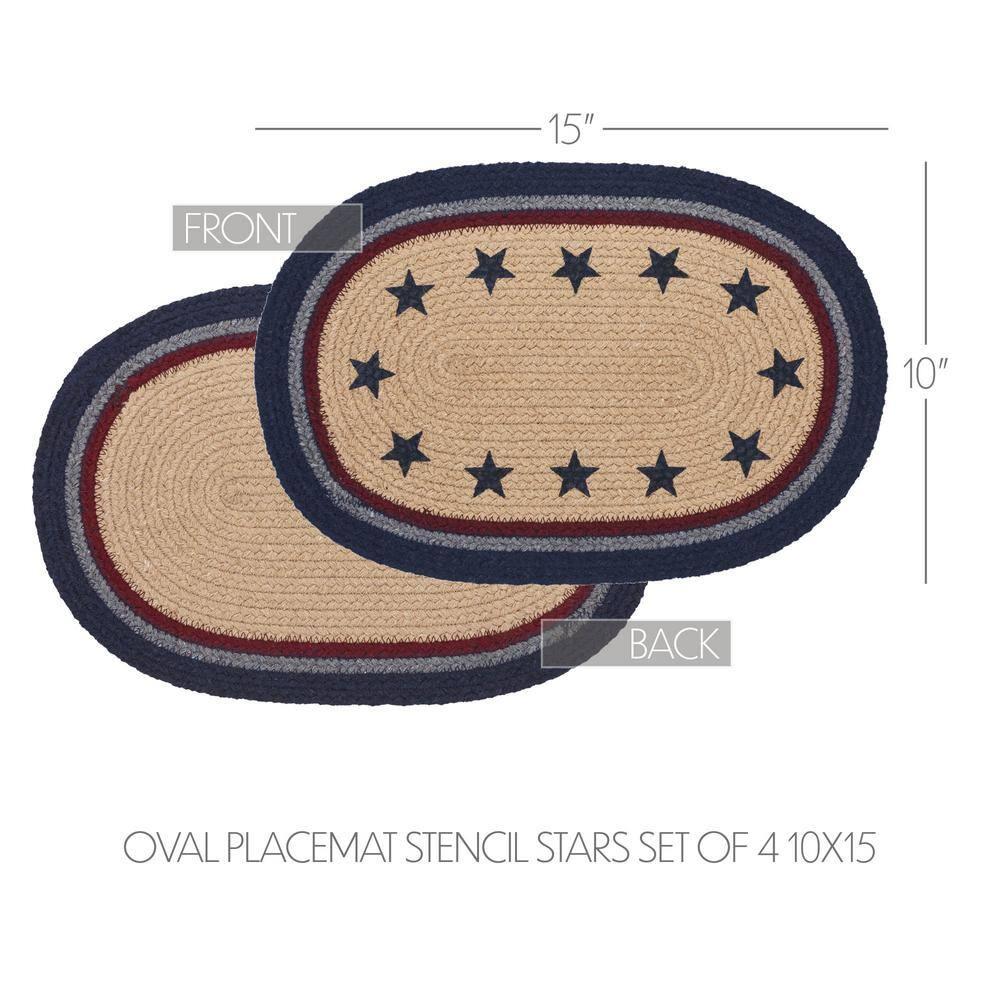 VHC Brands Braided Cotton Placemat 10x15 Set of 4, Cotton Dining Room, Kitchen Placemat, Dining Table Placemats, Woven Place Mat, Stenciled, My Country Collection, Oval 10x15, Stars, Navy