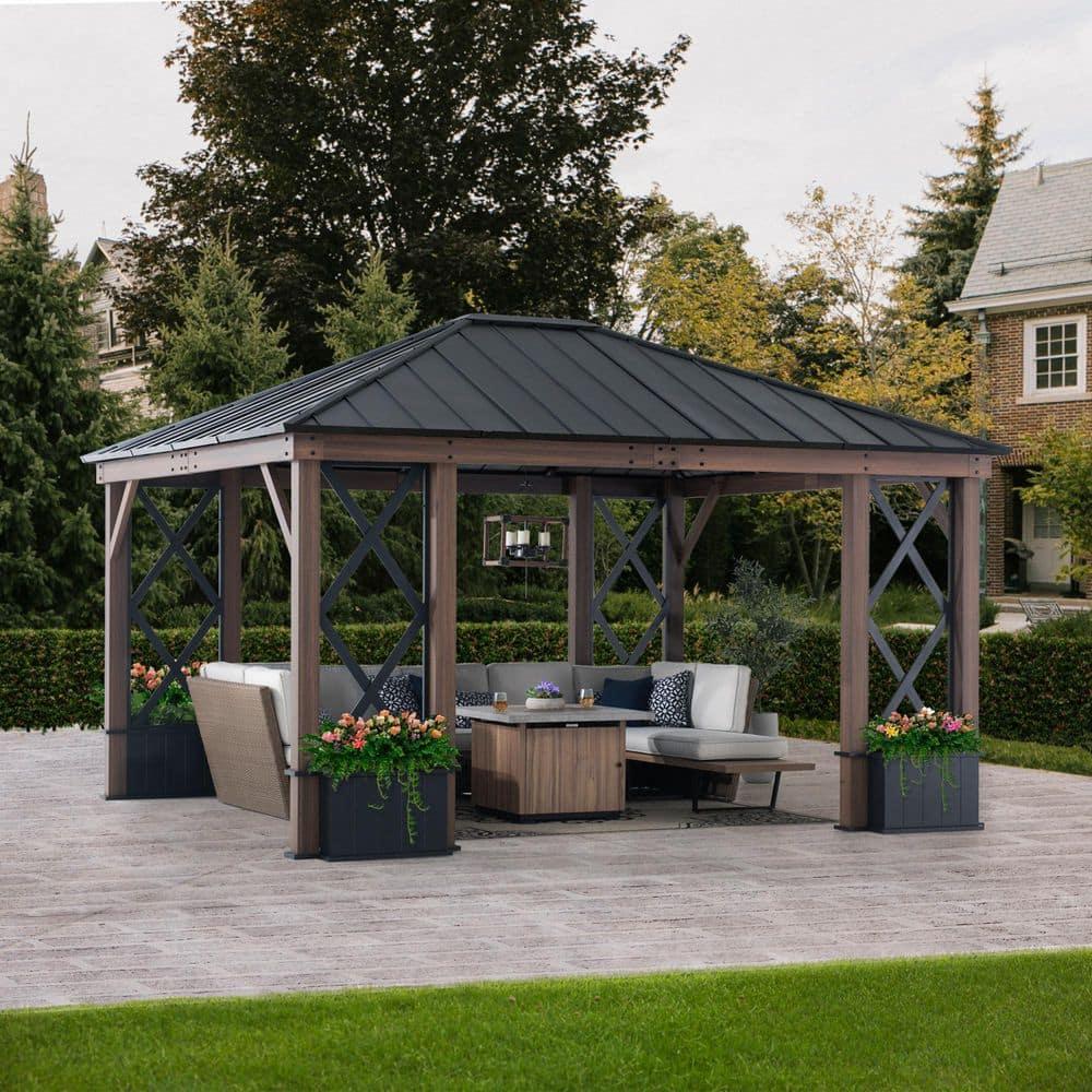 Sunjoy 13 ft. x 15 ft. Hardtop Gazebo, Outdoor Black Steel Roof Gazebo Aluminum Framed Gazebo with Planters and Ceiling Hook for Patio, Garden, and Backyard Activities