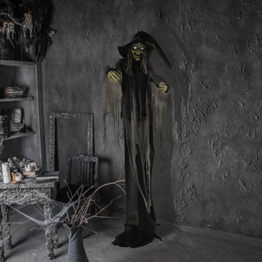 Haunted Hill Farm 9.5-Ft. Animatronic Witch, Indoor or Covered Outdoor Halloween Decoration, Light-up White Eyes, HHWITCH-16FLSA