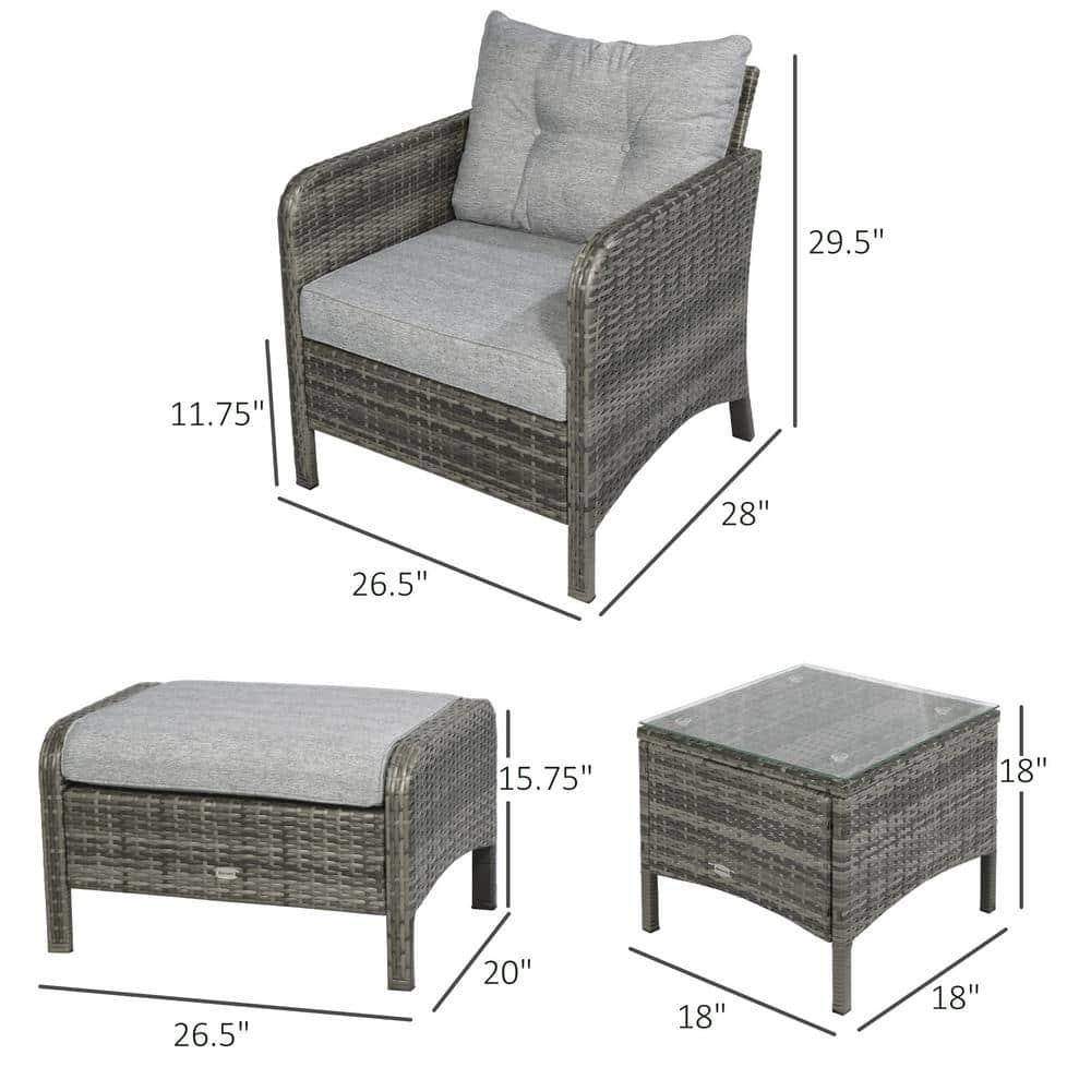 Outsunny 5 Pieces Rattan Wicker Lounge Chair Outdoor Patio Conversation Set with 2 Cushioned Chairs, 2 Ottomans & Glass Coffee Table, Gray