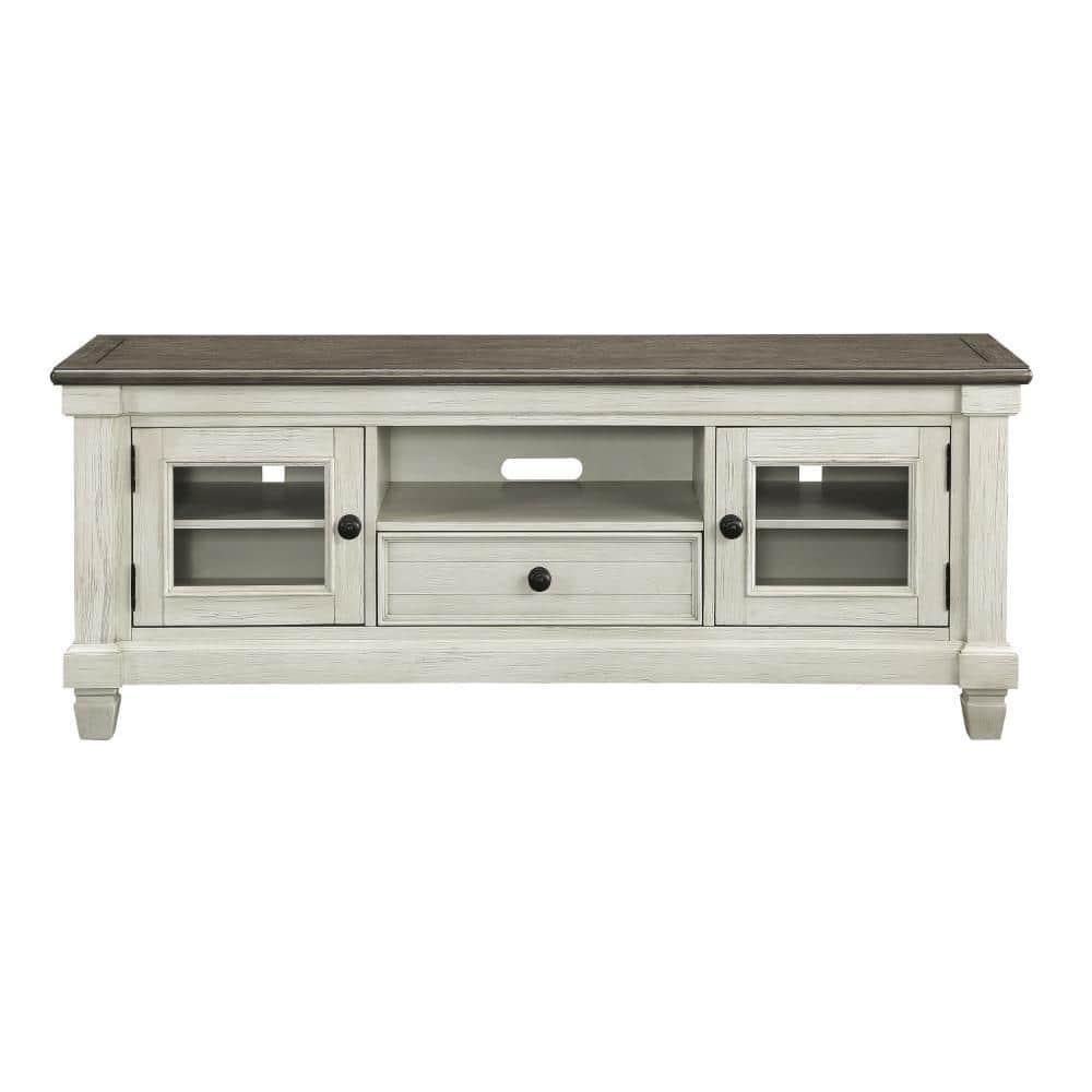 Rome 64 Inch TV Media Entertainment Console, White, Brown, Solid Wood