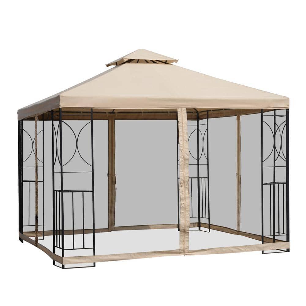 Outsunny 10' x 10' Patio Gazebo with Corner Shelves, Outdoor Gazebo Canopy Shelter with Netting, and Vented Roof, for Garden, Lawn, Backyard and Deck