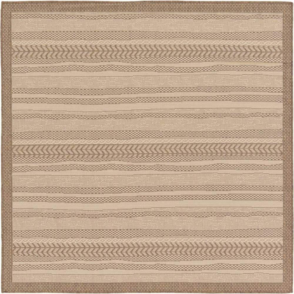 Unique Loom Outdoor Border Collection Area Rug - Lines (6' 1" Square Beige/Brown)