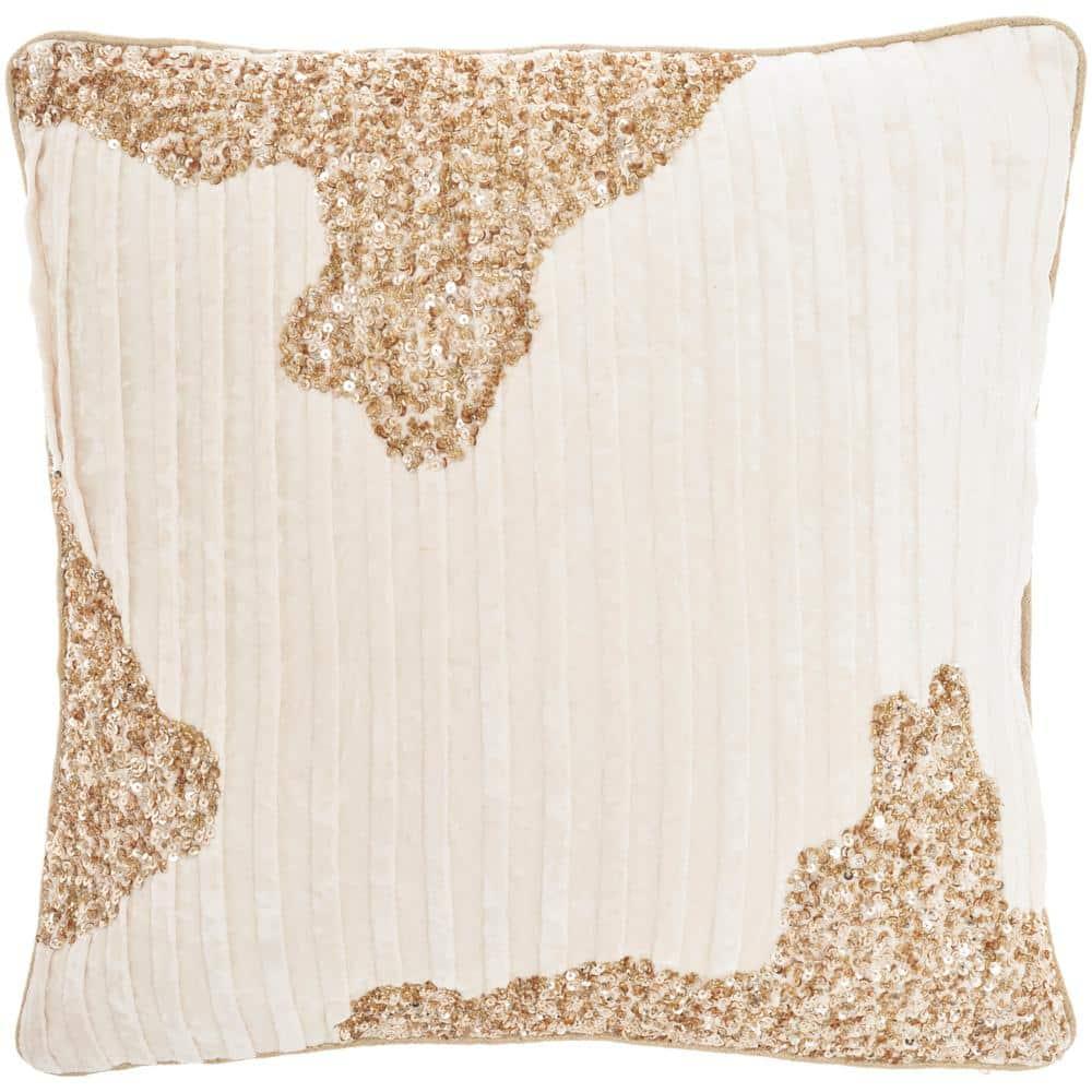Mina Victory 18"x18" Sofia Beaded Pleated Velvet Square Throw Pillow Ivory/Gold: Bohemian Stripe, Removable Cover, Indoor Use