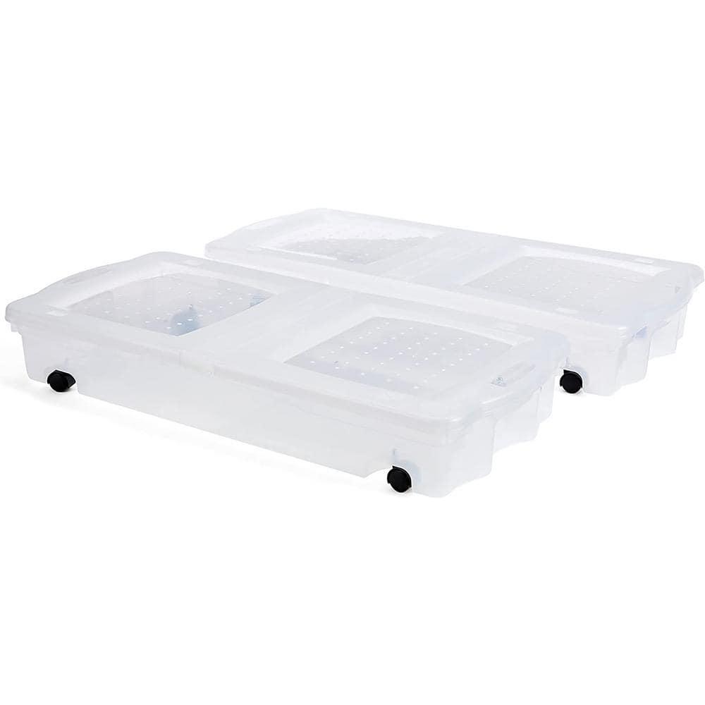 Rubbermaid 68 Quart Under the Bed Low Profile Storage Boxes with Dual Hinged Lids and Easy Rolling Caster Wheels, Clear, 2 Pack