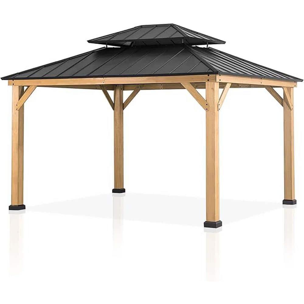 11x13 Cedar Wood Gazebo with Black Metal Double Roof