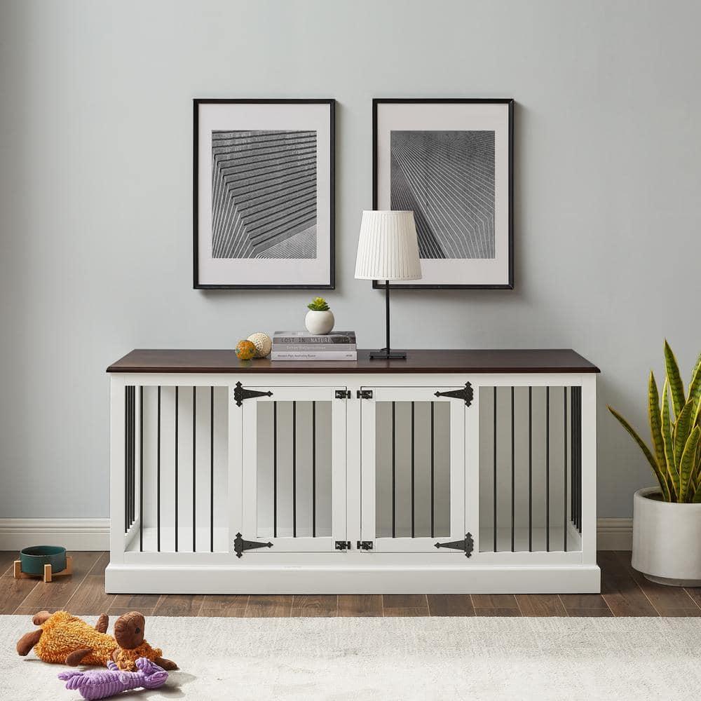 Crosley Winslow Credenza Pet Crate-Color:White/Dark Brown,Size:Medium