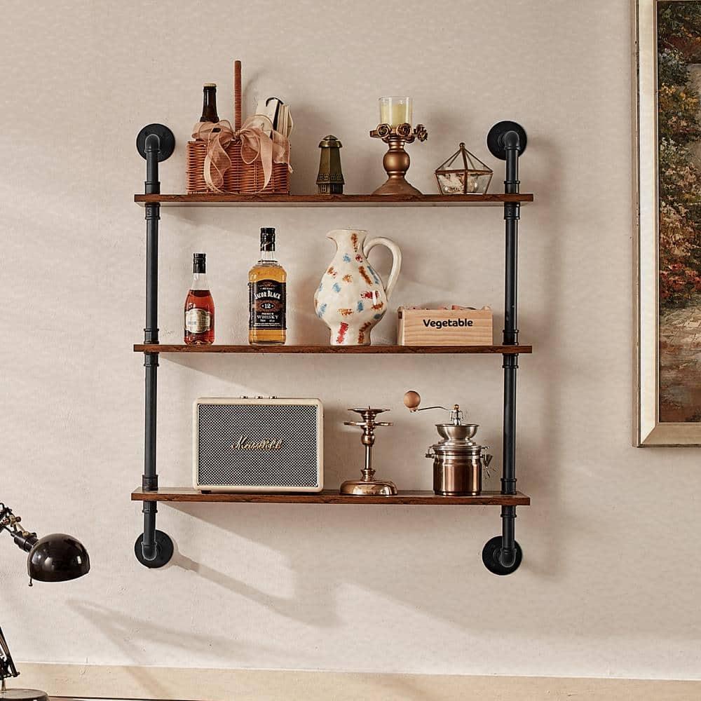 VEVOR Industrial Pipe Shelf, 3 Tier 32x7.87in, Wall-Mount Floating Rustic Wood Shelves Bracket Display Bookshelf, Storage Rack Sundries Holder for Kitchen Bedroom Bathroom Living Room, Black