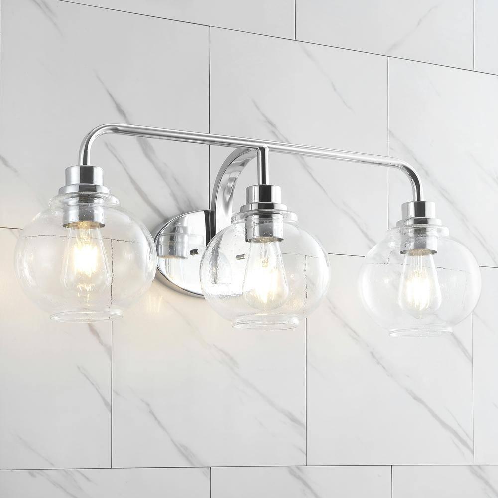 JONATHAN Y JYL7528B Sandrine 26.25" 3-Light Iron/Seeded Glass Cottage Rustic LED Vanity Light Classic 2700K LED 4W Bulbs Entryway Lobby Kitchen Bathroom Bedroom Living Room Hallway, Chrome