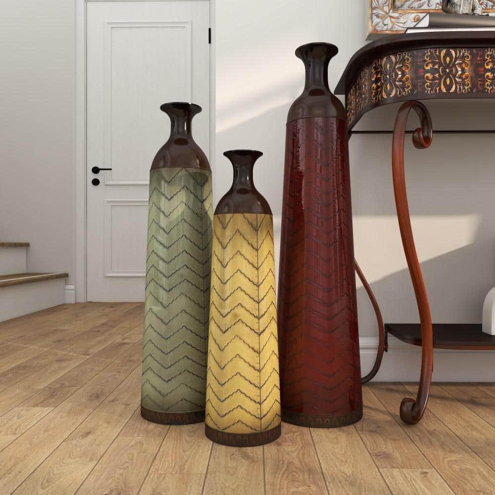 DecMode 32", 27", 22"H Tall Enameled Bottleneck Floor Multi Colored Metal Vase with Chevron Pattern, Set of 3