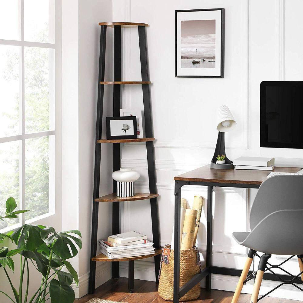 63 Inch Corner Bookcase 5 Tier Shelves, Ladder Storage, Rustic Brown, Black - Saltoro Sherpi
