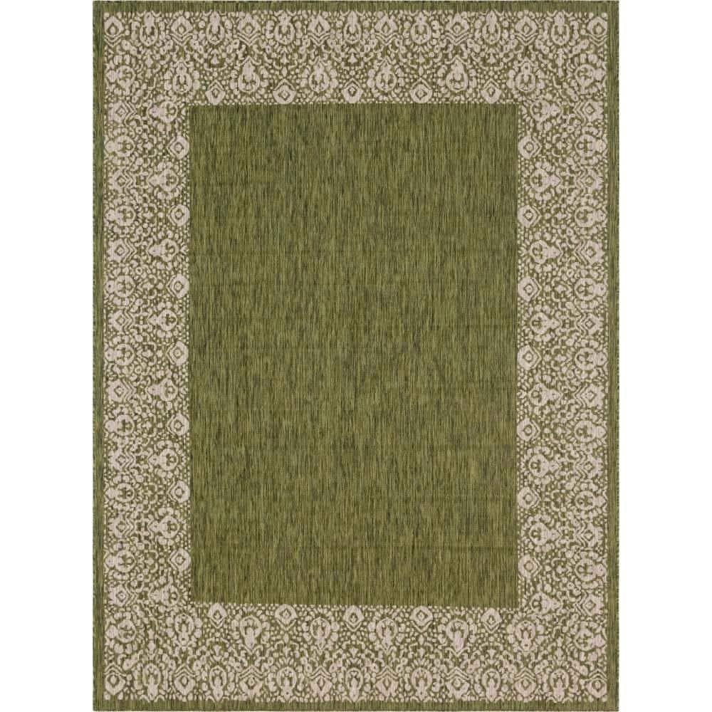Unique Loom Outdoor Border Collection Area Rug - Floral Border (9' x 12' Rectangle Green/Ivory)