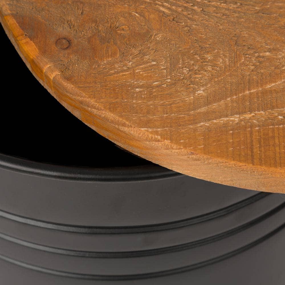 Rustic Storage Ottoman Seat Stool, Farmhouse Accent Side Table, Antique Galvanized Metal End Table Box Bin with Round Wooden Lid Set of 2 (Black)