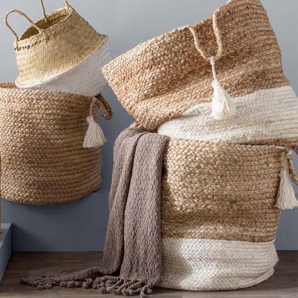 LR Home Woven Round Jute 17" Storage Basket with Handles, White Stripe