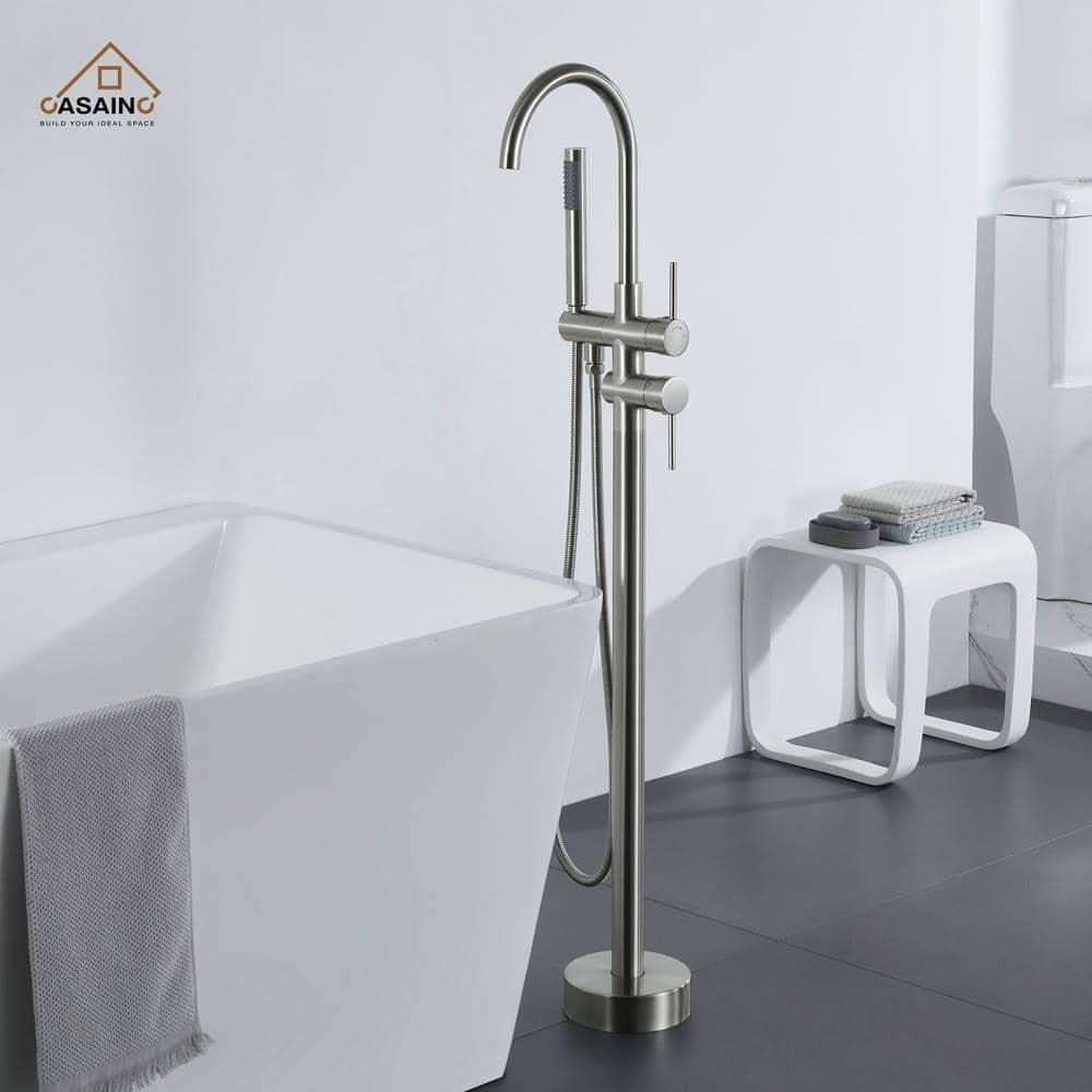 Double Handle Floor Mounted Freestanding Tub Filler With Handshower