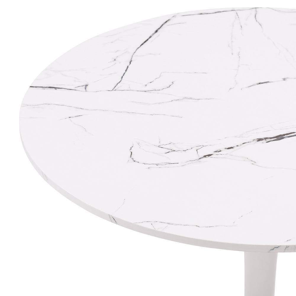 CorLiving Ivo Modern Round White Marbled Engineered Wood and Steel Pedestal Dining Table - Small Pedestal Dining Room Table for 3, Ideal Small Round Kitchen Table, Bistro Cafe Table