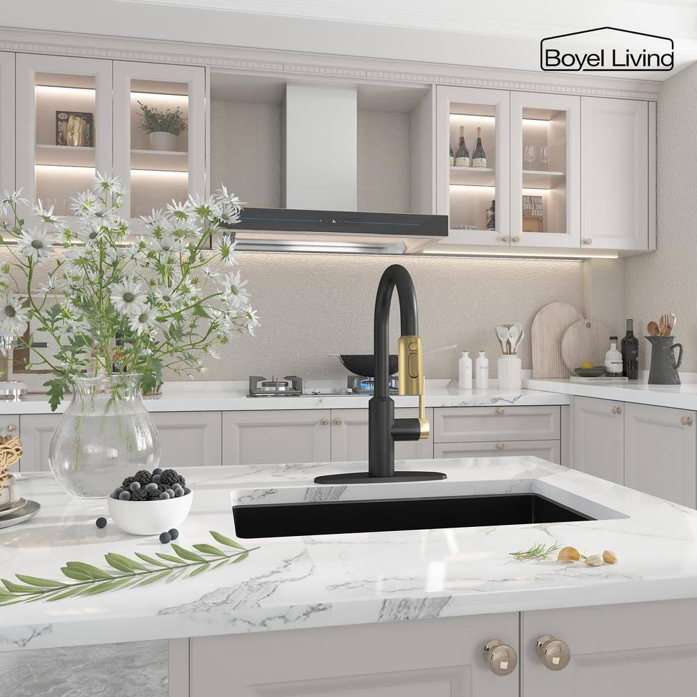 Matte Black and Brushed Gold Stainless Steel Pull Down Kitchen Faucet